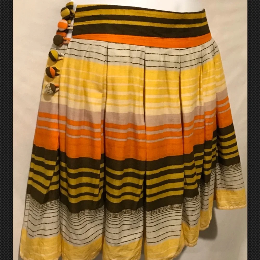 FRENCH CONNECTION Skirt Pleated Mini Striped Cotton Orange Brown Yellow